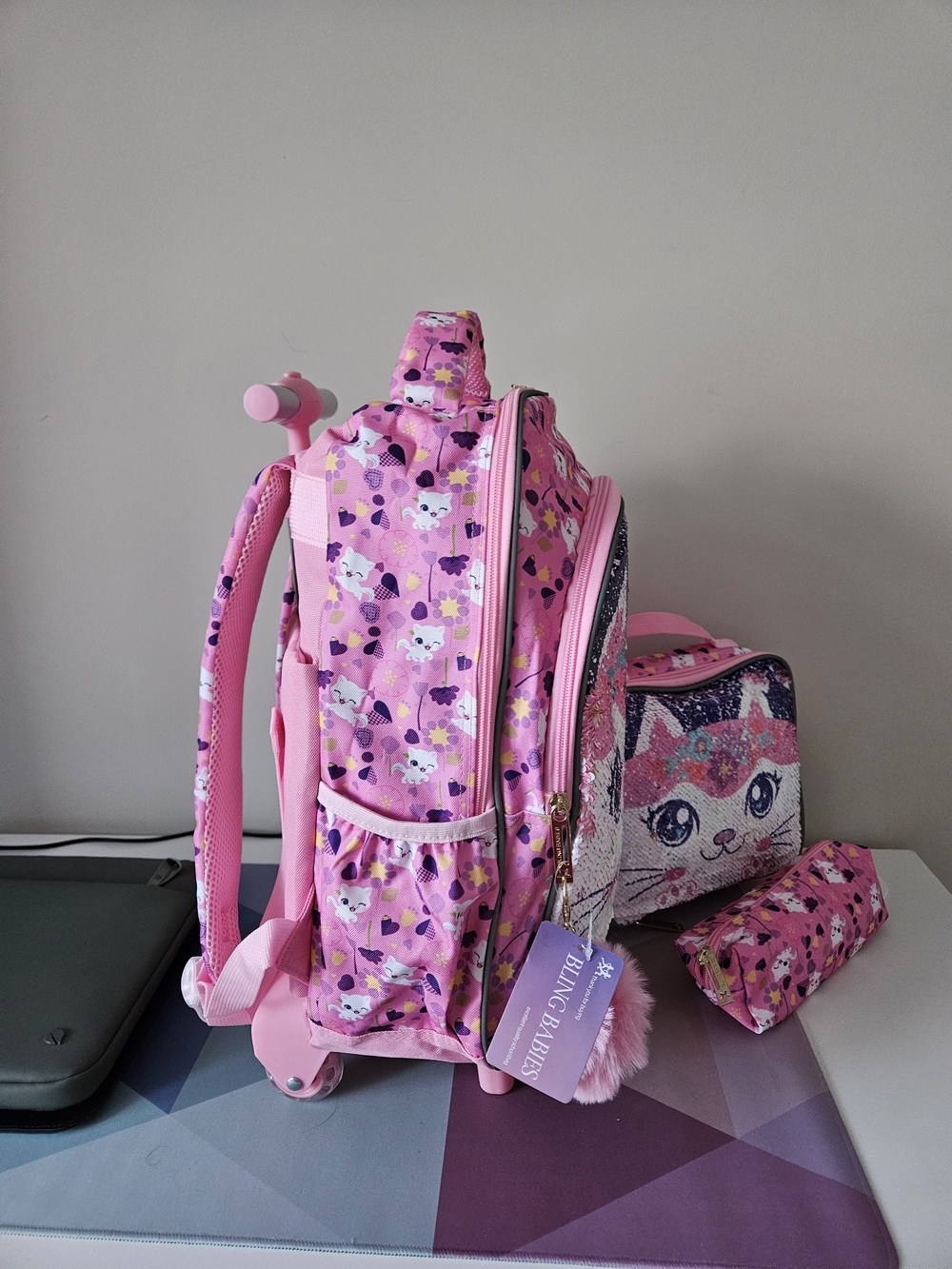 3pc Girls Rolling Backpack Set - Flip Sequin Cat School Bag, Lunch Box & Pencil - Picture 5 of 17